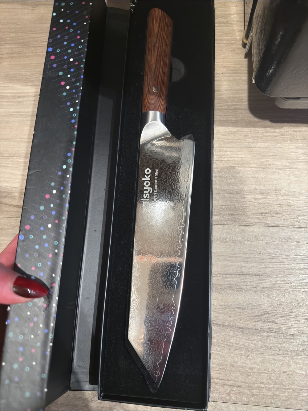 Damascus Stainless Steel Kitchen Knife with Brown Wood Handle